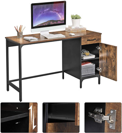 Skrivebord med skuffe og skab i industrielt look, retro-brun