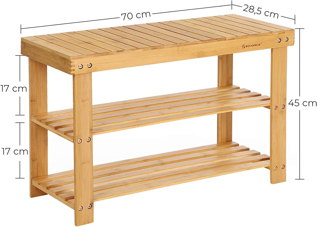 Skobænk i bambus med 3 hylder, 70 x 28 x 45 cm