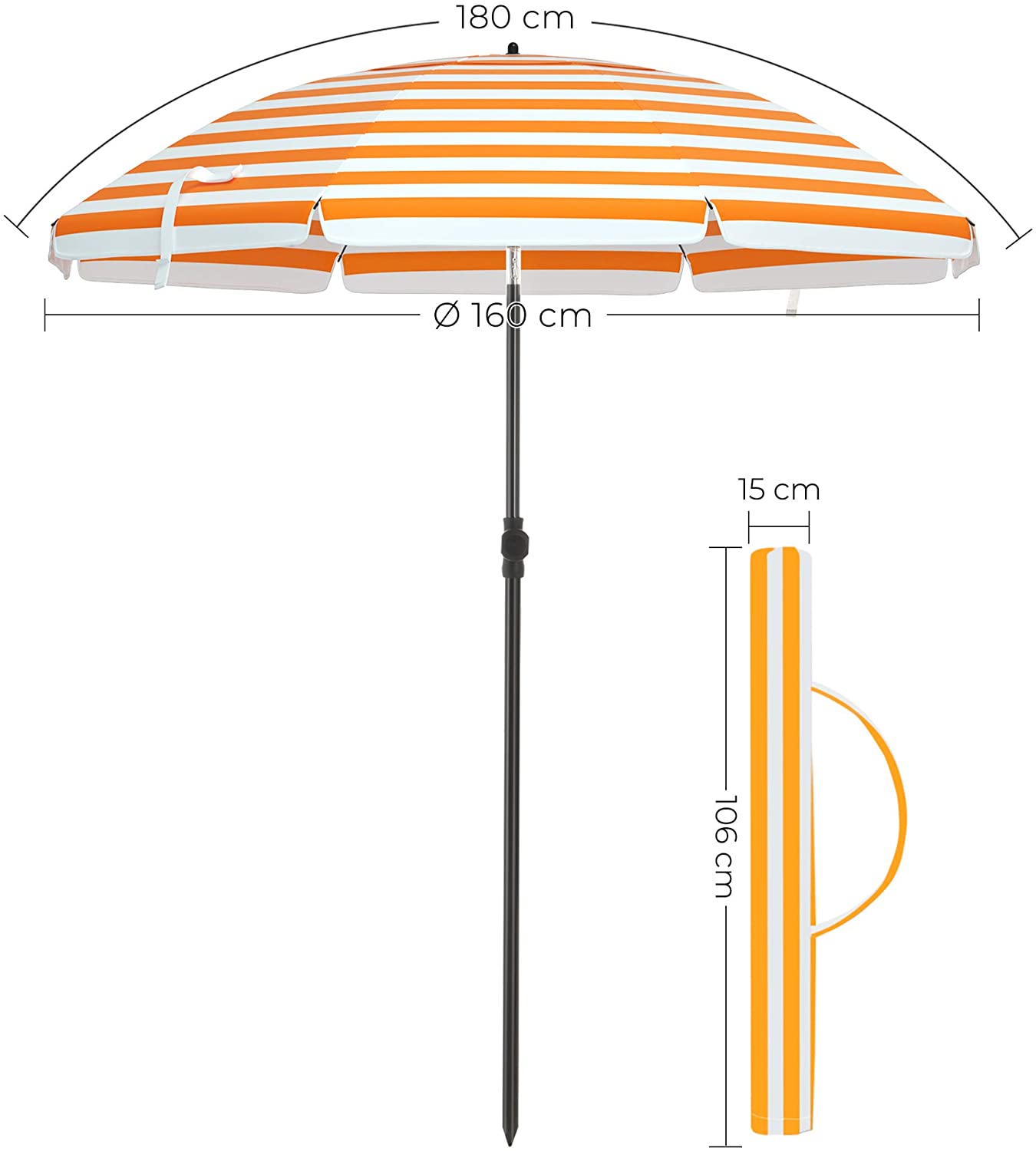 Parasol til stranden, stribet, orange og hvid