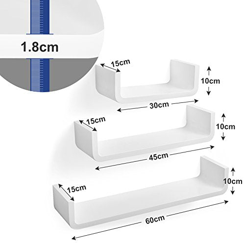 Væghylder - sæt med 3 U-formede svævehylder i hvid MDF - Lammeuld.dk