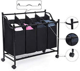 Vasketøjskurv med 4 rum og hjul i sort uden vasketøjskurve med nærmere foto af kanter og dele