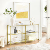 Konsolbord i hærdet glas og med guldfarvet metalramme, art-deco-look