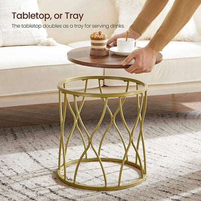 Sæt med 2 x sideborde, bordplade kan bruges som bakke, naturfarvet og guldfarvet