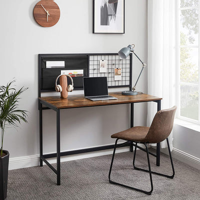Skrivebord med smart opslagstavle i net og stof, industrielt look, vintage brun/sort