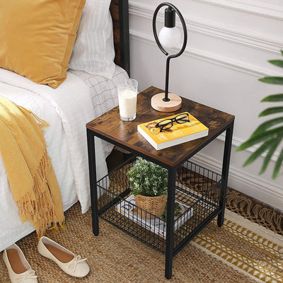 Sidebord, natbord, lille sofabord med trådkurv, vintage brun-sort - Lammeuld.dk