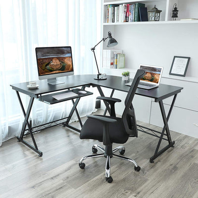 L-formet stort hjørne computerbord arbejdsstation med glidende tastatur monteret på venstre eller højre 150 x 138 x 75 cm sort - Lammeuld.dk