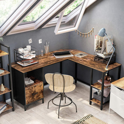 L-formet hjørneskrivebord, 137 x 150 x 75 cm, brun og sort