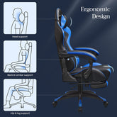Ergonomisk gamingstol, udtrækkelig fodstøtte, 90°-135° vippevinkel, sort og blå