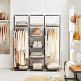 Garderobeskab i stof med 12 rum og bøjlestang, 150 x 45 x 175 cm, beige