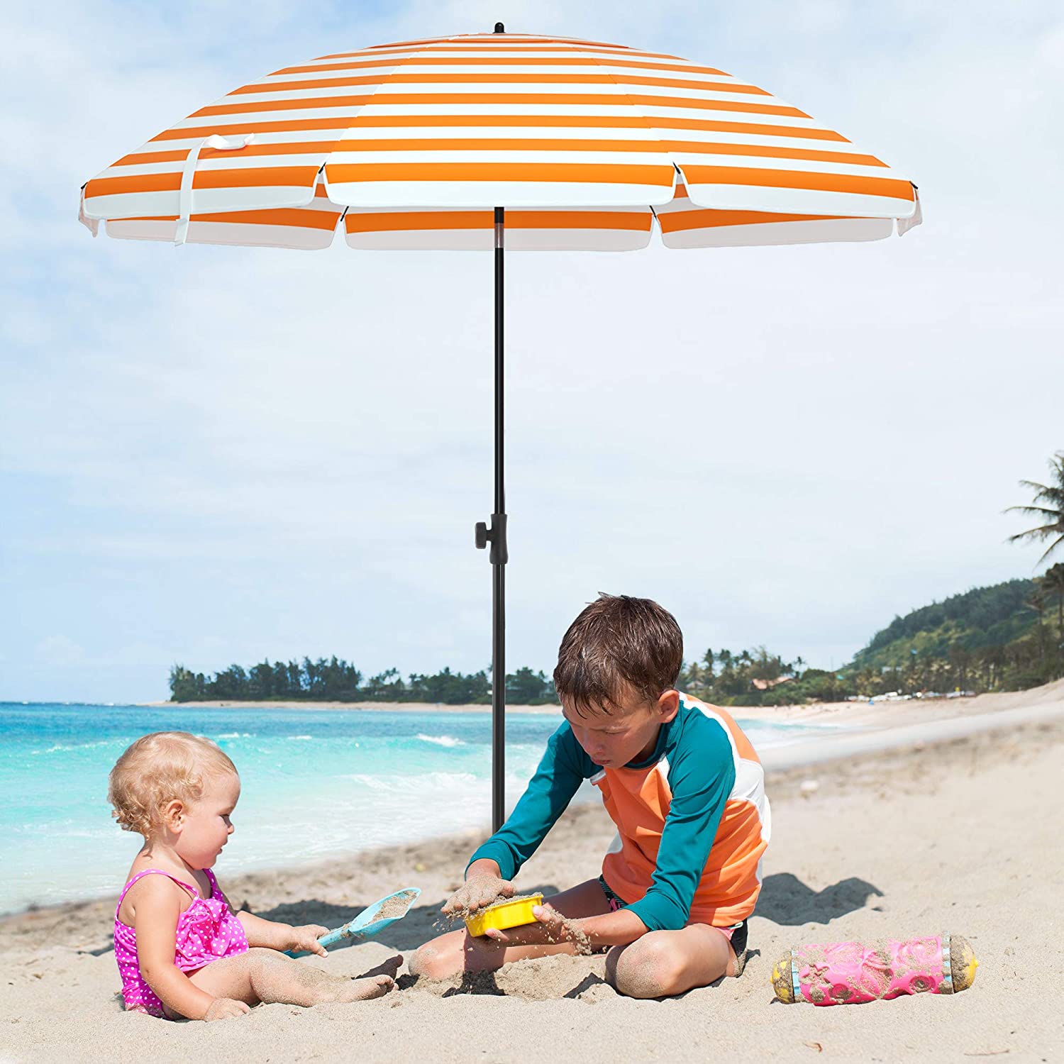 Parasol til stranden, stribet, orange og hvid