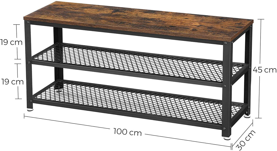 Skobænk, skoholder med 2 hylder, 100x30x45 cm, brun og sort