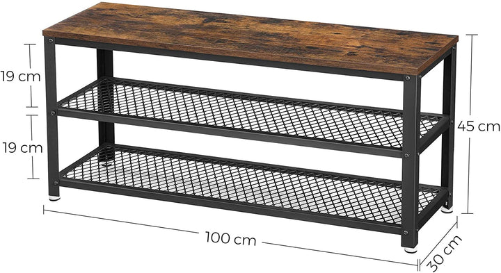 Skobænk, skoholder med 2 hylder, 100x30x45 cm, brun og sort