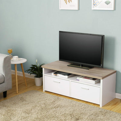 TV-kabinet, TV-stativ med hylde og hængslede døre, Lowboard til tv, DVD-optager, modtager, hvidt og træ-korn, - Lammeuld.dk