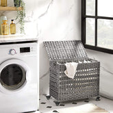 Håndvævet vasketøjskurv med låg, rattan-materiale, 3 rum, grå