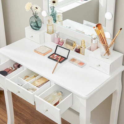 Sminkebord / make-up bord med polstret skammel og lys, hvid