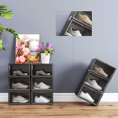 Pakke med 6 stabelbare skoæsker, transparente døre, 36 x 28 x 22 cm, sort