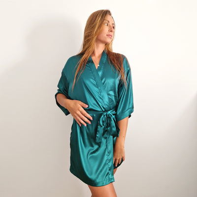 Kimono satin petrol one-Size 87 x 118 cm + 40 cm ærme