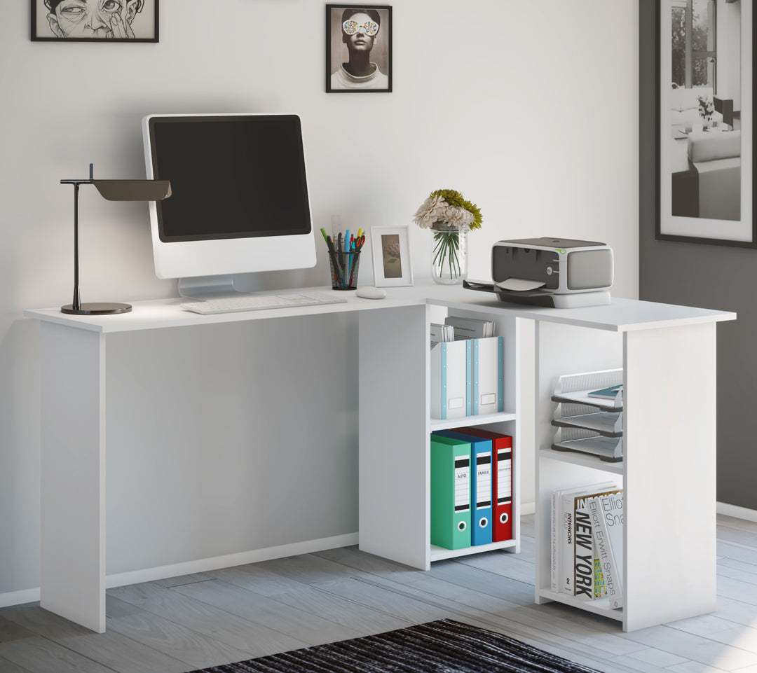 Smalt hjørneskrivebord i tidløst design, hvid