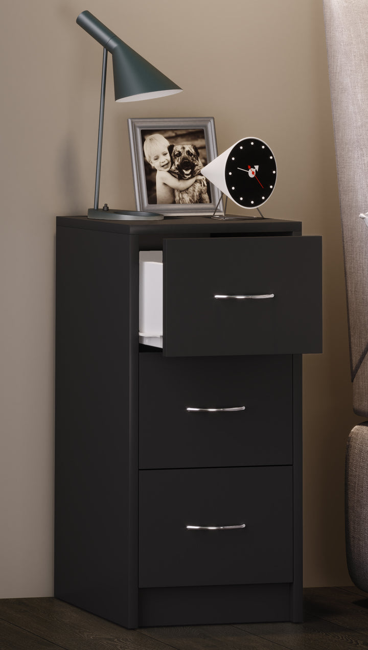 Sengebord i enkelt og moderne look med 3 skuffer, sort