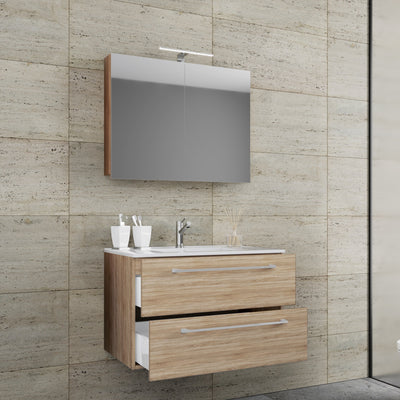 Underskab med keramisk vask og spejl, h. 50 x b. 80 x d. 46 cm, farve: naturfarvet sonoma