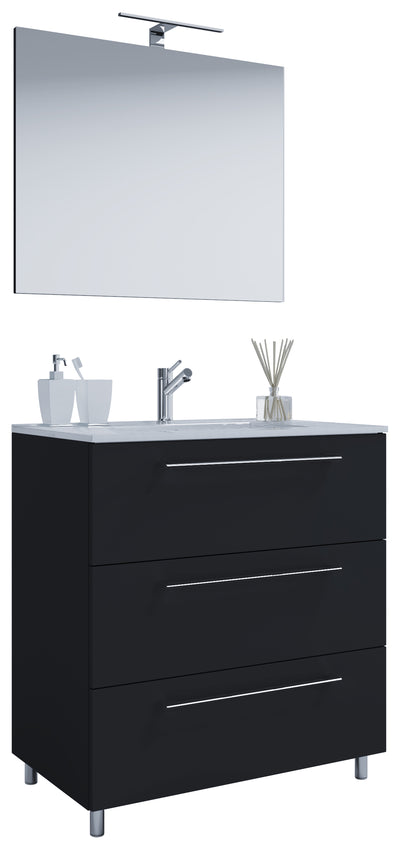 Underskab med keramisk vask og spejl, H. 86 x B. 60 x D. 46 cm, sort