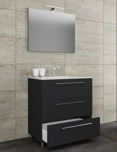Underskab med keramisk vask og spejl, H. 86 x B. 60 x D. 46 cm, sort