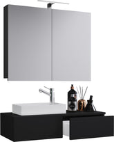 Badeværelsessæt med underskab, spejl og keramisk vask, 14 x 85 x 35 cm, sort