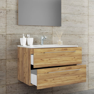 Underskab med keramisk vask og spejl, h. 50 x b. 80 x d. 46 cm, farve: naturfarvet honning eg
