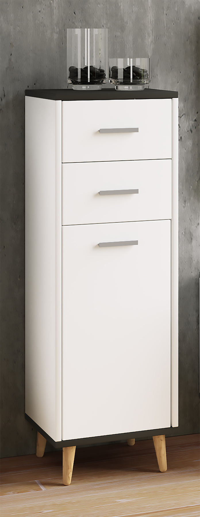 Høj smal hvid kommode med antracit detaljer, 97 x 32 x 28 cm
