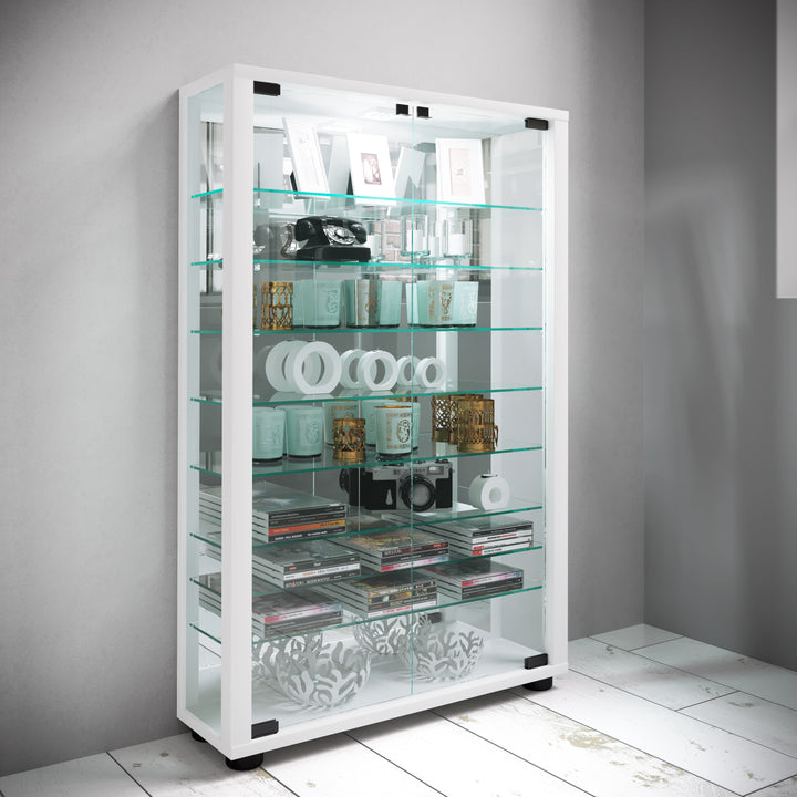 Gulv Vitrineskab "Lumo Mini" Med Spejl | Inkl. Led Lys, 91x59x18 cm, hvid