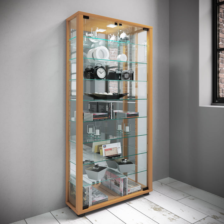 Gulv Vitrineskab "Lumo Maxi" Med Spejl | Inkl. Led Lys, 115 x 59 x 18 cm, farve: bøg