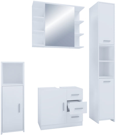 Badeværelsesmøbelsæt med 4 dele, underskab med vask, vægspejl, højt og mellemhøjt skab