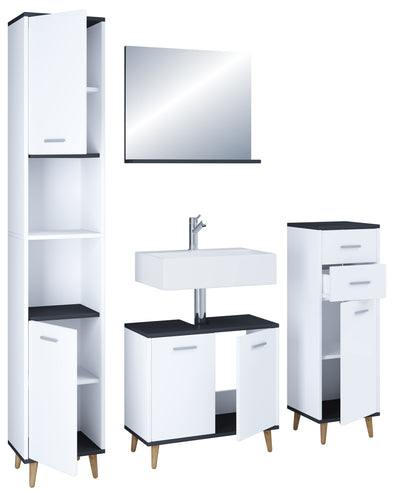 Badeværelsesmøbelsæt med 4 dele, underskab med vask, vægspejl, højt og mellemhøjt skab