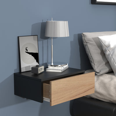Vægbord / natbord / sengebord, h. 15 x b. 45 x d. 30 cm, naturfarvet og sort