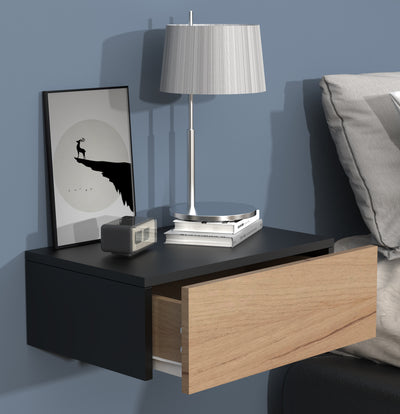 Vægbord / natbord / sengebord, h. 15 x b. 45 x d. 30 cm, naturfarvet og sort