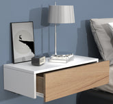 Vægbord/natbord/sengebord, h. 15 x b. 60 x d. 30 cm, naturfarvet med hvide kanter