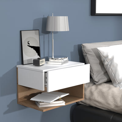 Vægbord / natbord / sengebord, h. 30 x b. 45 x d. 32 cm, hvid og naturfarvet