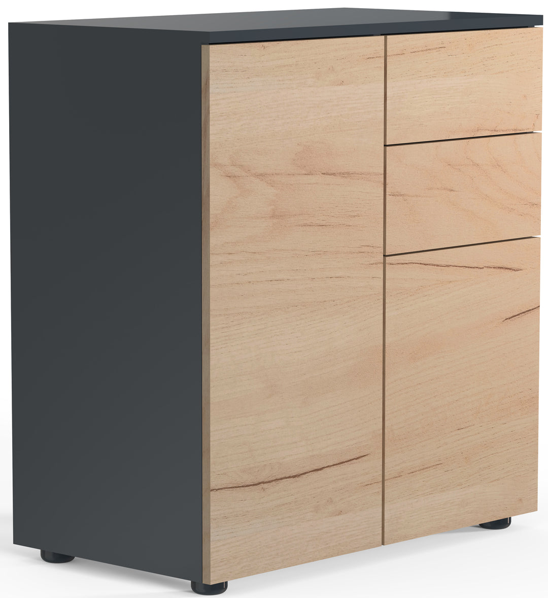 Kommode, h. 77 x b. 70 x d. 39 cm, naturfarvet, sider i antracitgrå