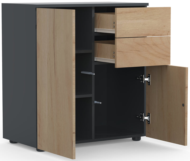 Kommode, h. 77 x b. 70 x d. 39 cm, naturfarvet, sider i antracitgrå