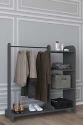 Garderobestativ med tøjstang og 3 åbne rum, 106 x 110 x 35 cm, grå