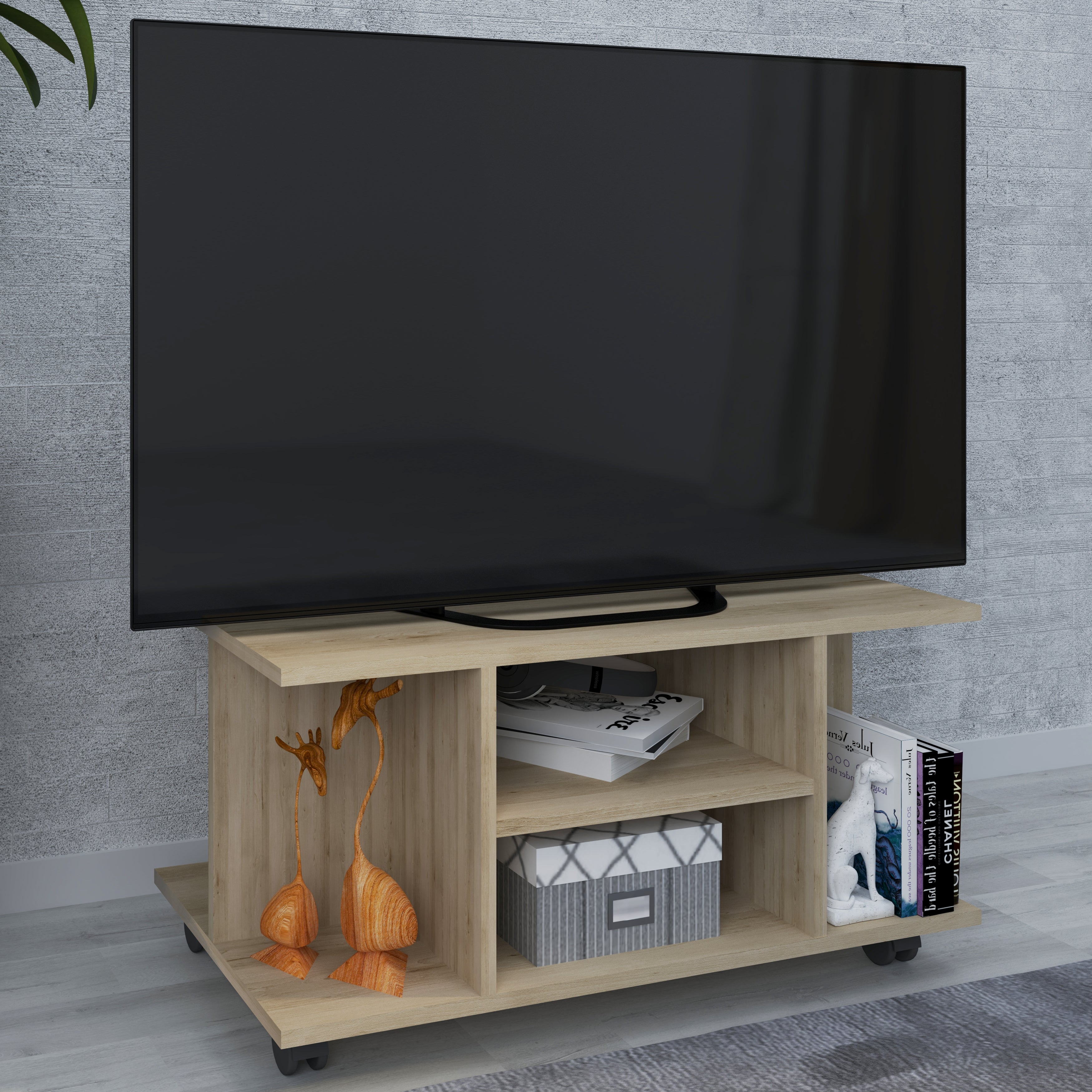 TV-bord med hjul, h. 40 x b. 80 x d. 40 cm, naturfarvet