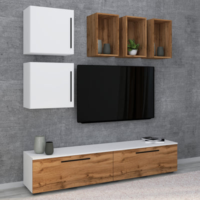 TV-møbelsæt til væggen, 7-dele, brun og hvid