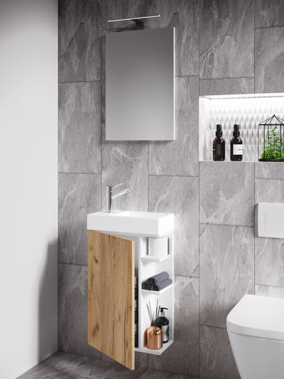 Badeværelsessæt med underskab, håndvask og vægspejl, h. 70 x b. 40 x d. 22 cm, naturfarvet med hvid