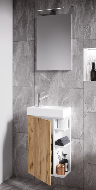Badeværelsessæt med underskab, håndvask og vægspejl, h. 70 x b. 40 x d. 22 cm, naturfarvet med hvid