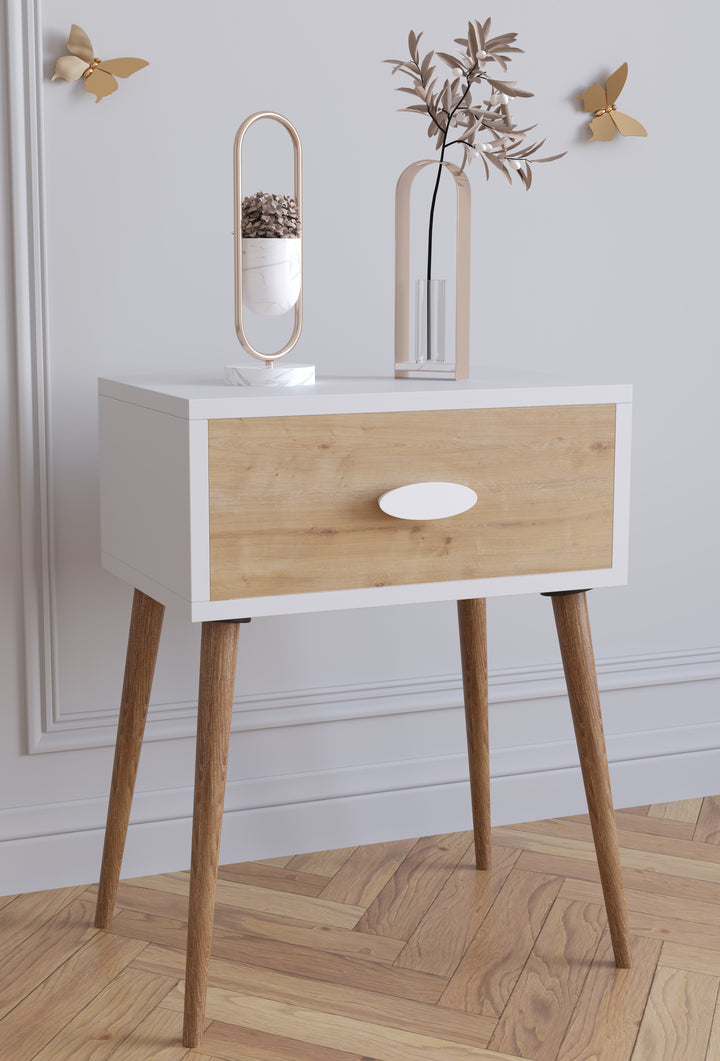 Natbord med skuffe, 60x45x30 cm, naturfarvet og hvid