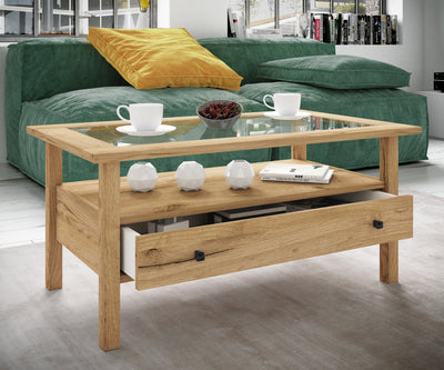 Sofabord med glasbordplade og skuffe, 42 x 90 x 54 cm, naturfarvet