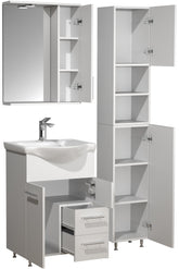 Badeværelsessæt, pladsbesparende, underskab, højt skab, spejl og håndvask, hvid
