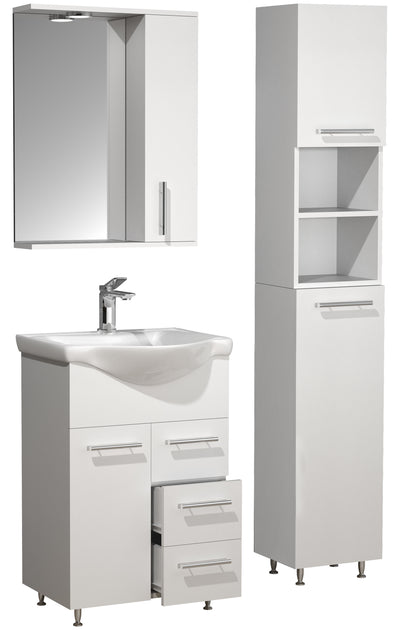 Badeværelsessæt, pladsbesparende, underskab, højt skab, spejl og håndvask, hvid