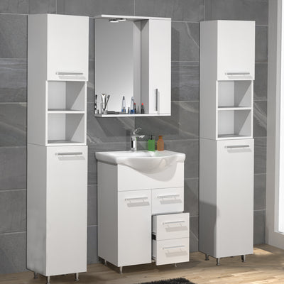 Badeværelsessæt med 5 dele, 2 høje skabe, spejlskab, underskab og keramisk vask, hvid