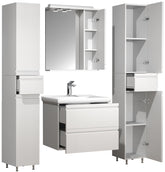 Badeværelsesmøbelsæt (5 dele), håndvask, grebsløs skuffe, spejlskab, højskabe, hvid